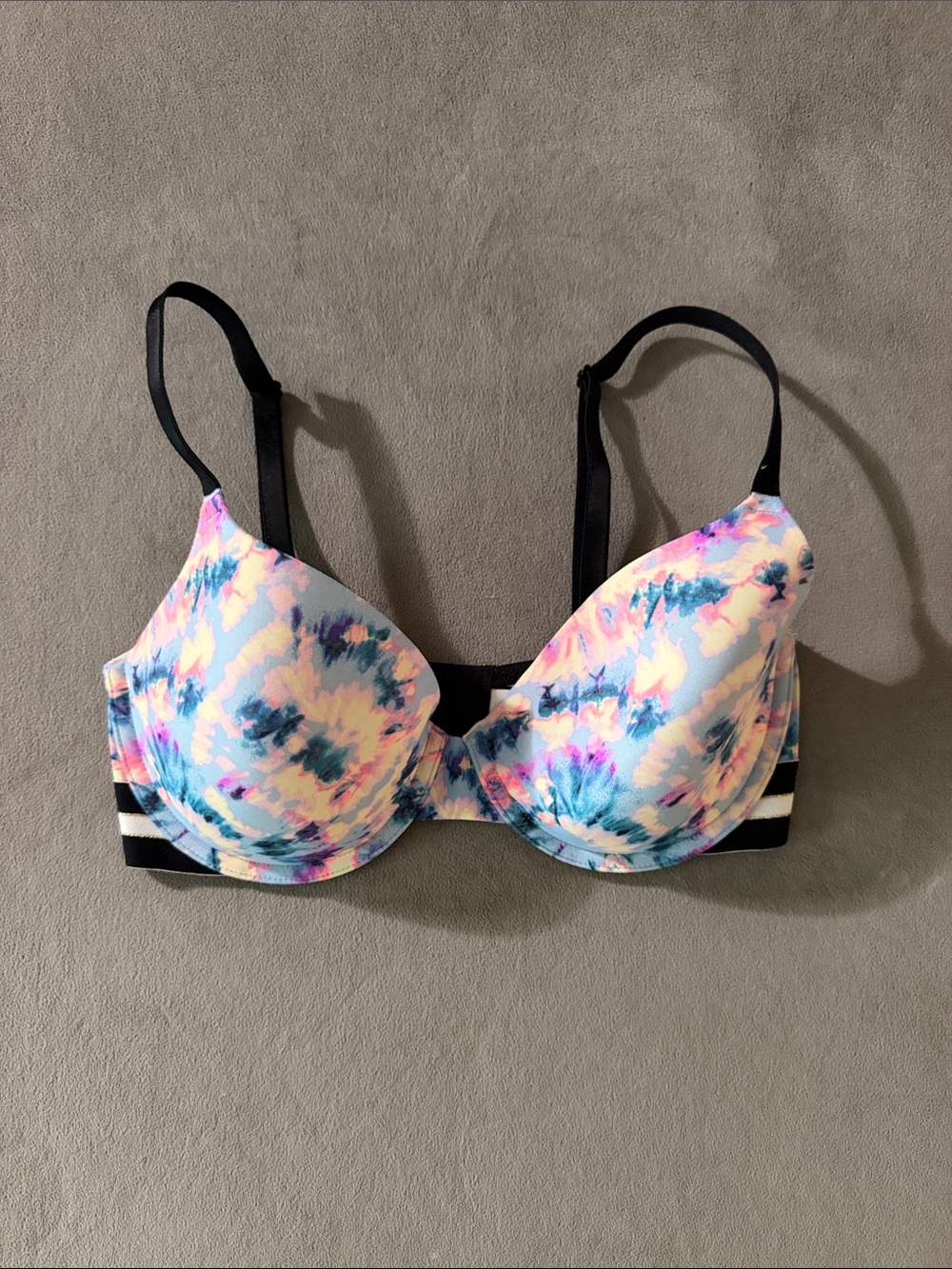 PINK Victoria's Secret Multicolor Tie-Dye Molded Bra with Black Straps